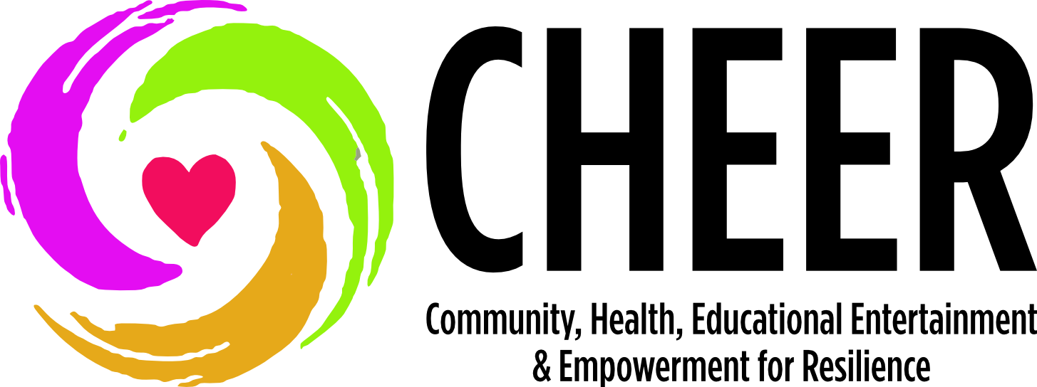 CHEER — heart emblem with pink, green and orange brush strokes